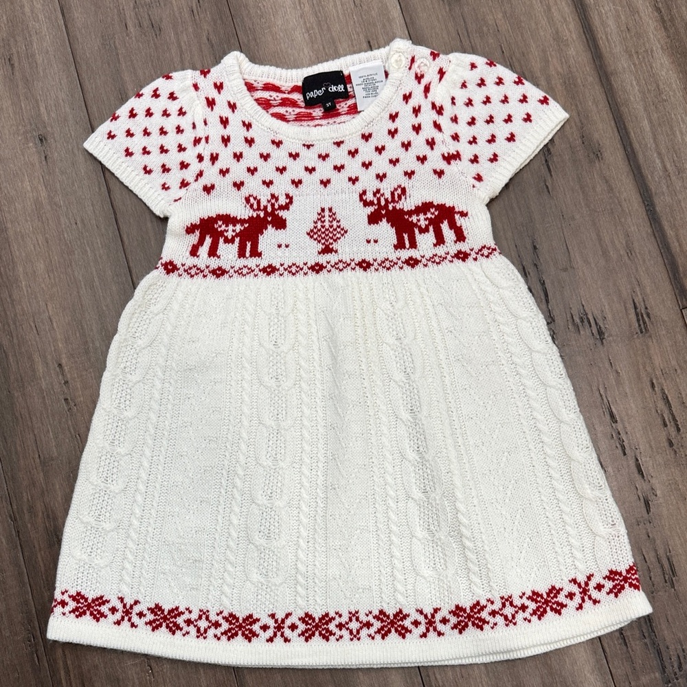 Paper Doll Adorable Toddler White & Red Reindeer Christmas Knitted Sweater Dress